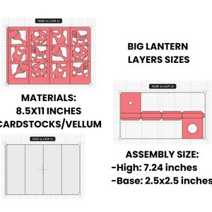 May include: Diagram showing the different layers and assembly size of a large lantern craft project. The lantern is made from cardstock or vellum and measures 7.24 inches high and 2.5 inches wide. The materials needed are 8.5x11 inch cardstock or vellum.