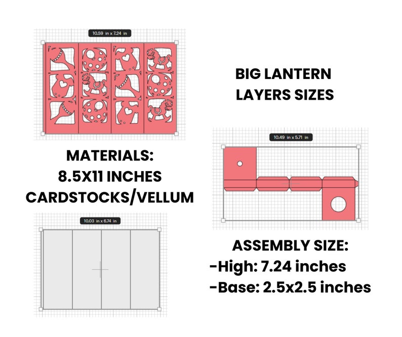 May include: Diagram showing the different layers and assembly size of a large lantern craft project. The lantern is made from cardstock or vellum and measures 7.24 inches high and 2.5 inches wide. The materials needed are 8.5x11 inch cardstock or vellum.