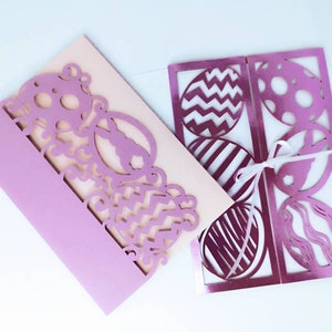 Set 2 modelli SVG biglietti di Pasqua Cricut Silhouette cameo regali di Pasqua tagliati al laser invito cartella tascabile a tre ante biglietto coniglietto pasquale coniglio