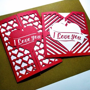 Set 2 SVG-Vorlagen Valentinstag Karten Cricut, Silhouette, Laser Cut, Valentinstag Geschenke Einladung Tor falten Saint Valentin Herzen Gifs