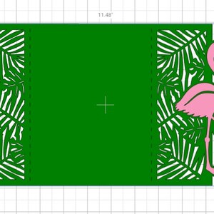 May include: A green card with a pink flamingo on the right side and a leafy pattern on the left and right sides. The card is 11.48 inches wide and 6.844 inches tall.