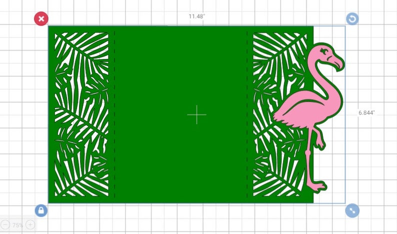 May include: A green card with a pink flamingo on the right side and a leafy pattern on the left and right sides. The card is 11.48 inches wide and 6.844 inches tall.