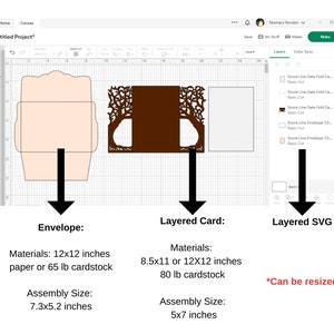 May include: A digital design layout showing an envelope, layered card, and layered SVG. The envelope requires 12x12 inch paper or 65 lb cardstock, with an assembly size of 7.3x5.2 inches. The layered card needs 8.5x11 or 12x12 inch 80 lb cardstock, with a 5x7 inch assembly size.