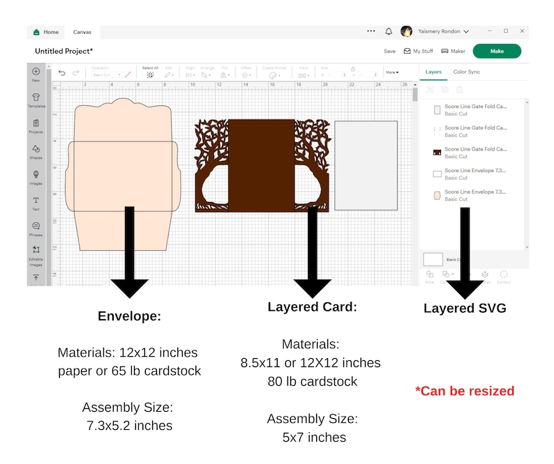 May include: A digital design layout showing an envelope, layered card, and layered SVG. The envelope requires 12x12 inch paper or 65 lb cardstock, with an assembly size of 7.3x5.2 inches. The layered card needs 8.5x11 or 12x12 inch 80 lb cardstock, with a 5x7 inch assembly size.