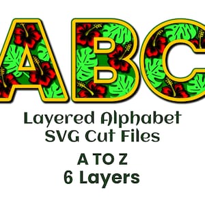 Alphabet A bis Z Hibiskus Monstera 3D SVG-Schnittdatei 6 Schichten Vorlagen Buchstaben Cake Topper Cricut Silhouette Cameo Laser Cut Sommer