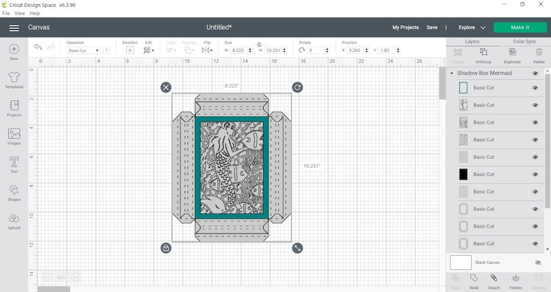 May include: A Cricut Design Space screen showing a design for a shadow box with a mermaid and sea creatures inside. The design is 8.223 inches wide and 10.251 inches tall. The design is made up of several layers, including a basic cut for the box, a basic cut for the mermaid, and a basic cut for the sea creatures.