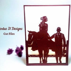 Modelo de corte a laser 5x7 svg, convite de casamento, casal, cavalo, amante, cartão de bolso, arquivo de corte cricut, rancho mexicano, casamento, silhueta texana, cameo