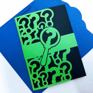 Modèle de fichier coupe SVG carte d'invitation à trois volets, carte d'invitation Cricut Laser Silhouette camée dîner mystère points d'interrogation loupes