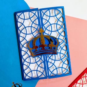2 Modelo de arquivo SVG Portão dobrável, coroa do rei, Príncipe, tema de aniversário Príncipe Rei, Cartão de convite arquivo de corte a laser digital DXF png ai