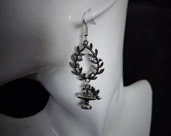 Le Jardin Earrings, Long dangly, Silver and Rhinestone Earrings, Steampunk, Garden party, Summer, flower and bird, earrings.