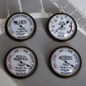 Steampunk Badge, Imitation Gauge, Cabochon Brooch/ Pin, Splendidness/  Peril-O-Meter/ Moral Compass/ Steam Pressure Guage (Retro Style)
