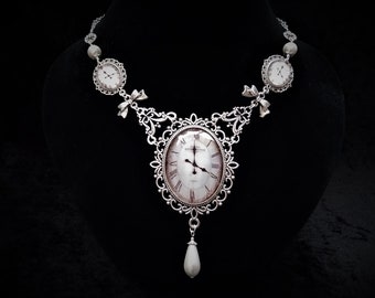TIME (for tea) silver and white steampunk imitation clock face cameo necklace set