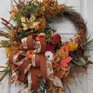 Yellow Leaves Orange Pumpkins Large Bow Wreath