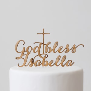 Gold bless Name : Cake Topper with cross image 1