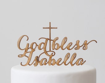 Gold bless "Name" : Cake Topper (with cross)