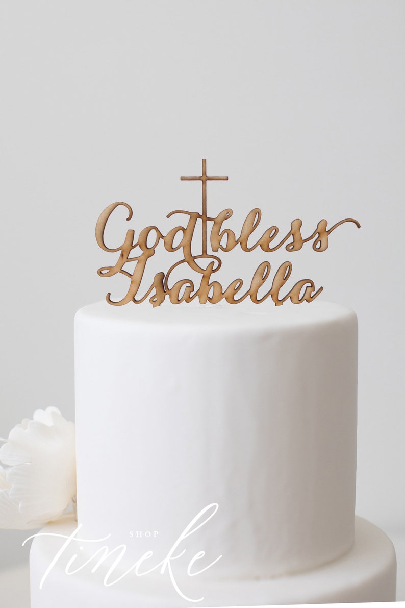 Gold bless Name : Cake Topper with cross image 1