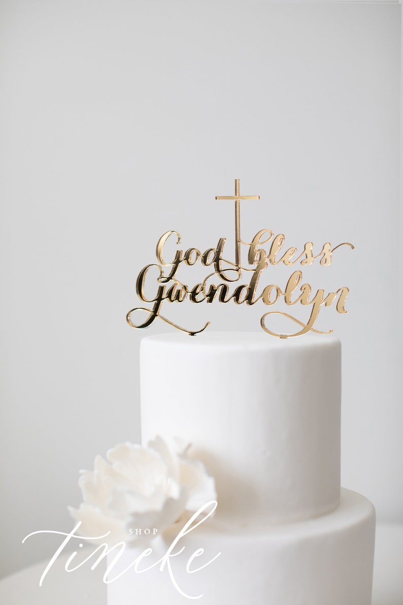 Gold bless Name : Cake Topper with cross image 3