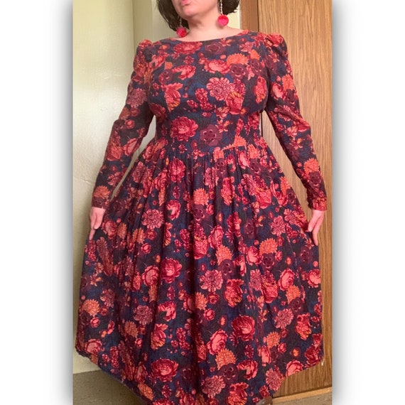 Vintage Floral Print Corduroy Laura Ashley Dress
