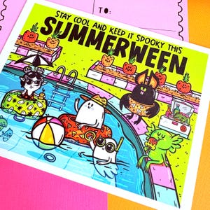 May include: A colorful illustration featuring a pool scene with cartoon characters enjoying a summerween celebration. The image includes a pool, beach ball, and text that reads "Stay Cool and Keep it Spooky This Summerween."