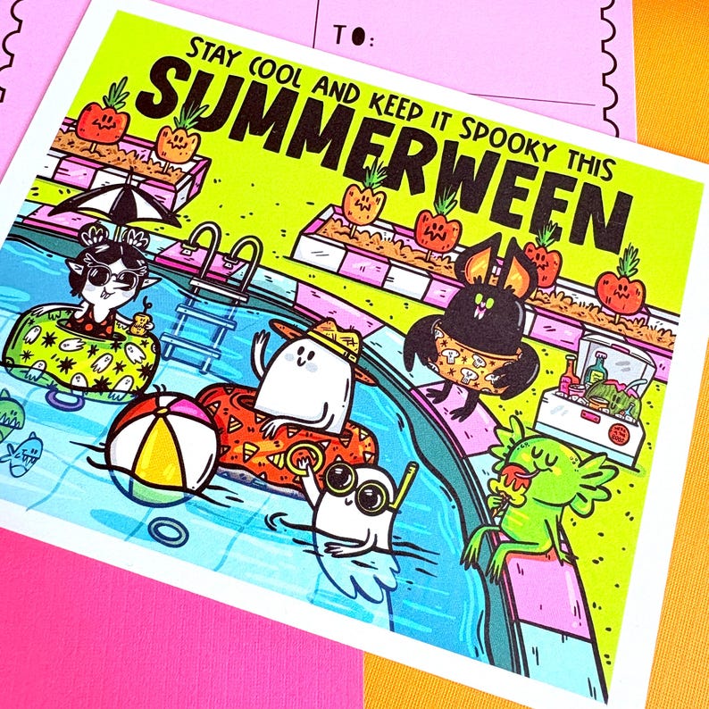 May include: A colorful illustration featuring a pool scene with cartoon characters enjoying a summerween celebration. The image includes a pool, beach ball, and text that reads "Stay Cool and Keep it Spooky This Summerween."