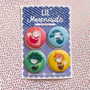 Mermaid Pins/ Mermaid Magnets | Mermaid Party Favors | Cute Mermaids | Mermaid Gift | Original Art by Lydia Jean Art