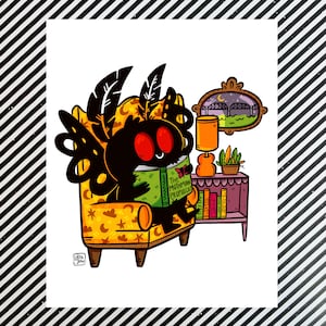 Mothman Library Art Print | Mothman and Bridge Wall Art for Cryptid Lovers and Cryptozoology Fanatics