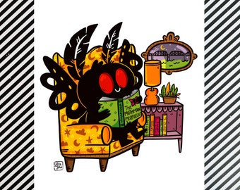 Mothman Library Art Print | Mothman and Bridge Wall Art for Cryptid Lovers and Cryptozoology Fanatics
