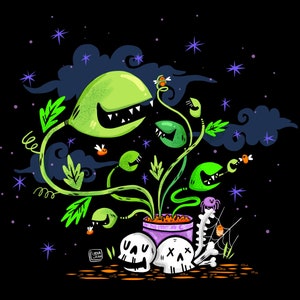 Puede incluir: Una ilustración de dibujos animados de una planta carnívora con una maceta morada y dos calaveras. La planta tiene hojas verdes y una boca grande y dentada. El fondo es negro con estrellas blancas.