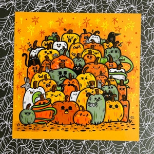May include: A colorful illustration of a group of pumpkins with various facial expressions and designs. The pumpkins are arranged in a cluster on a yellow background with white stars.