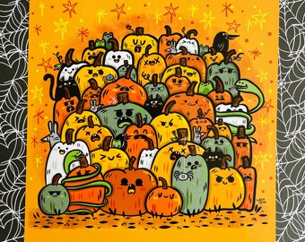 Kürbishaufen Kürbisfeld Kunstdruck | Halloween Kunst | Gruselige niedliche Kunst | Kürbis Kunst | Kürbis Aufnäher Art