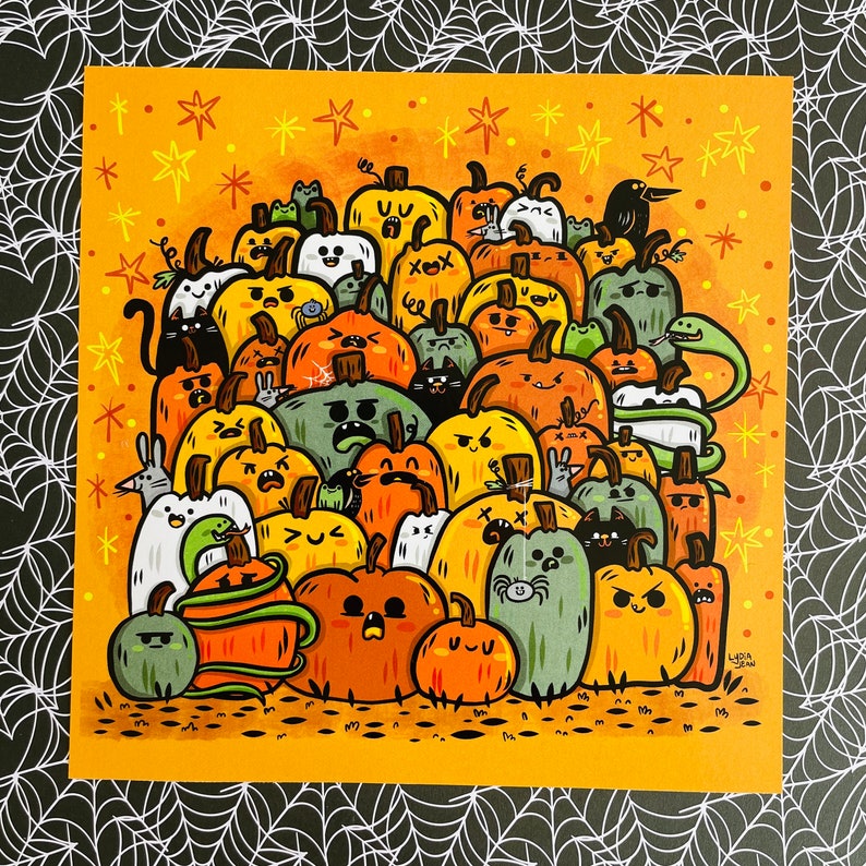 May include: A colorful illustration of a group of pumpkins with various facial expressions and designs. The pumpkins are arranged in a cluster on a yellow background with white stars.