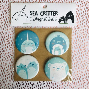 ocean pal Fridge Magnet or Pin Set | Narwhal Pin | Penguin Pin | Otter Pin | Polar Bear Pin Sea Animal Buttons | Sea Creature Magnets