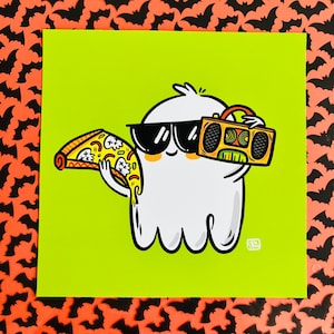 May include: A cartoon ghost wearing sunglasses and holding a boombox and a slice of pizza. The ghost is white with a green background.
