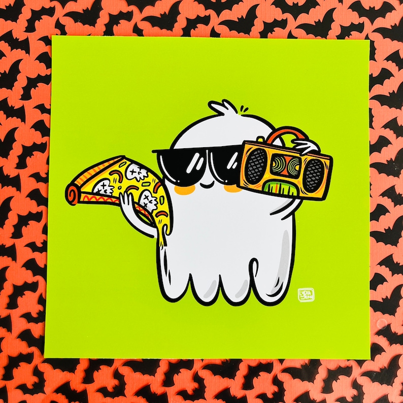 May include: A cartoon ghost wearing sunglasses and holding a boombox and a slice of pizza. The ghost is white with a green background.