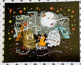 Bigfoot and Yeti Campout Art Print for Halloween Lovers | Halloween Art | Halloween Illustration