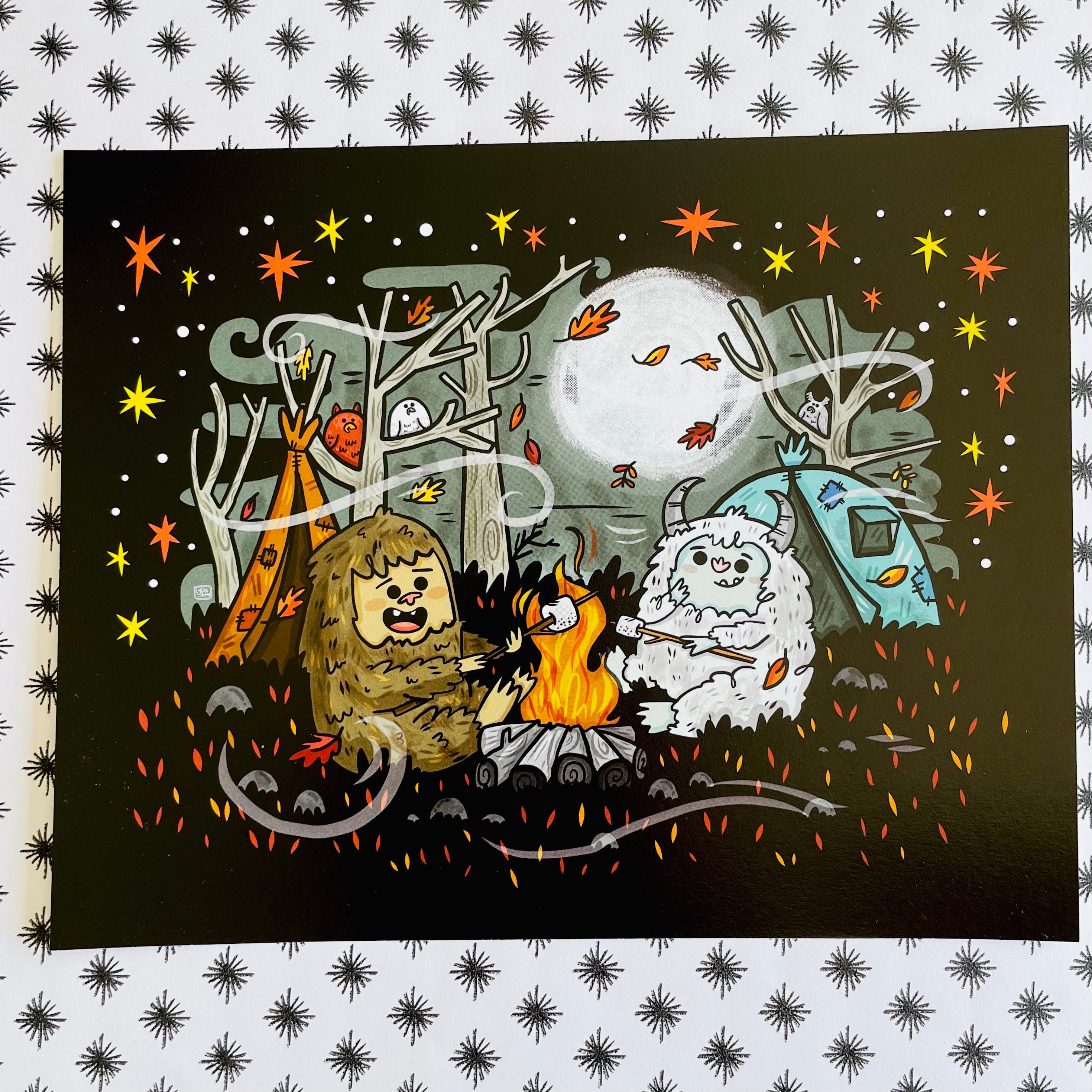 Bigfoot and Yeti Campout Art Print for Halloween Lovers pic