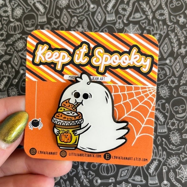 Halloween Enamel Pin | Pumpkin Spice Brooch Pin | Halloween Lapel Pin | Ghost Enamel Pin | Original Art by Lydia Jean Art