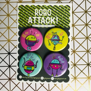Robot Buttons - Robot Pin or Robot Magnet set - Robot Party - Robot Art - Robot Gift - Original Art by Lydia Jean Art