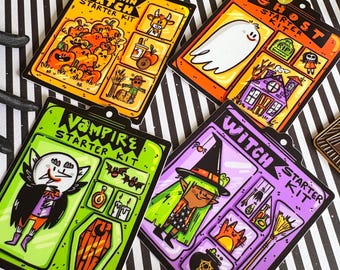 ハロウィンステッカーセット：魔女、吸血鬼、幽霊、カボチャ - 耐水性