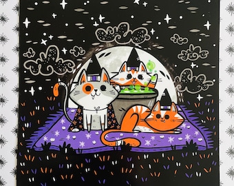 Witchy kittens Art Print | Halloween Decor Art | Halloween Art | Spooky cute Art