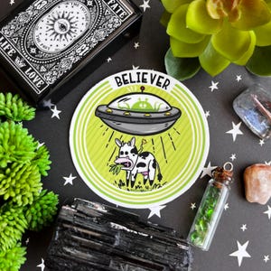 Könnte beinhalten: Ein runder Aufkleber mit dem Wort "BELIEVER" und einer Cartoon-Abbildung eines UFOs, das eine Kuh entführt. Der Aufkleber hat ein grün-weißes Farbschema. Eine schwarze Box mit weißem Text und ein Kartenspiel im Hintergrund.