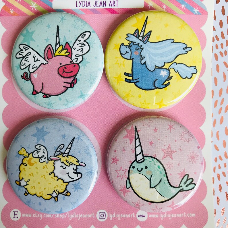 Unicorn Gift Fluffy Alpaca Magical Animal Magnet or Pin Set Unicorn Flying Pig Narwhal Narwhal gift
