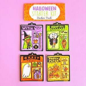 May include: A Halloween-themed sticker pack featuring four different starter kits: Witch, Vampire, Ghost, and Pumpkin Patch. Each kit includes various themed illustrations and the words "Starter Kit". The sticker pack is on a pink background.