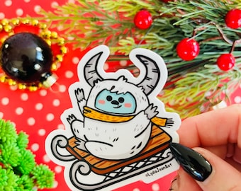 Adesivo Yeti con slitta / Adesivo natalizio Abominevole pupazzo di neve / Adesivo in vinile natalizio / Adesivo natalizio / Regalo per Natale / Creepmas