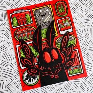 May include: A black and red moth illustration with large wings and red eyes. The moth is surrounded by small images of a forest, a bridge, a sign that says "Mine Closed", and a train track.