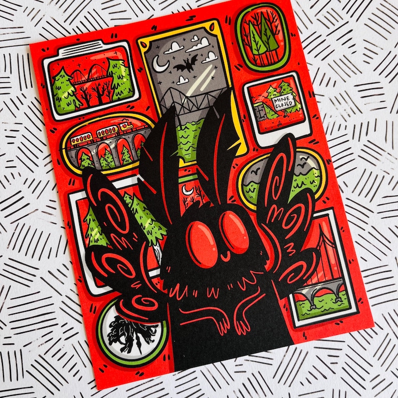 May include: A black and red moth illustration with large wings and red eyes. The moth is surrounded by small images of a forest, a bridge, a sign that says "Mine Closed", and a train track.