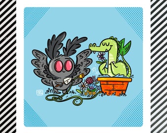 Mothman & Nessie Springtime Cryptids Art Print