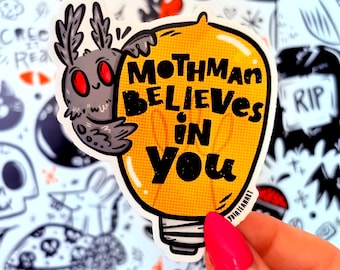 Mothman Believes In You Vinyl Sticker | Mothman Lightbulb | Mothman Believer | Cryptid Lover | Paranormal | Original Art by - Lydia Jean Art