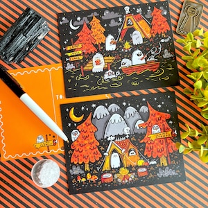 Set di cartoline "Fantasmi del campo estivo" / Attraversamento della posta / Confezione di cartoline di Halloween / Cancelleria Summerween / Arte di Halloween / Arte di Lydia Jean
