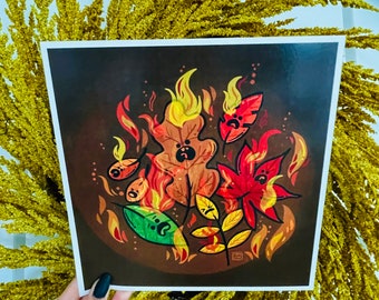 Burning Leaves Art Print | Fall Decor Art | Halloween Art | Autumn Art